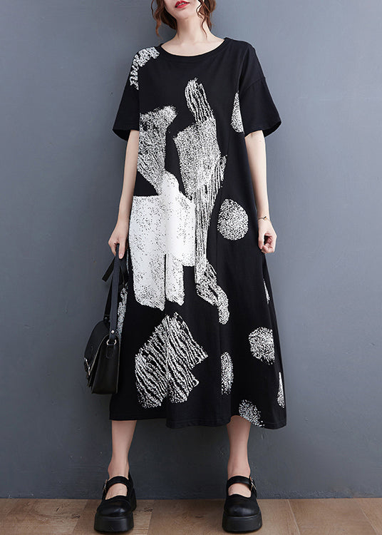 Stylish Black O-neck Oversized Print Cotton Long Dress Summer