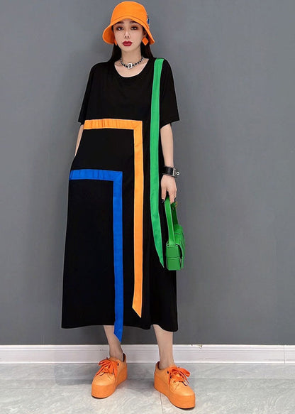Stylish Black O-neck Rainbow Applique Cotton Lengthen Dress Short Sleeve
