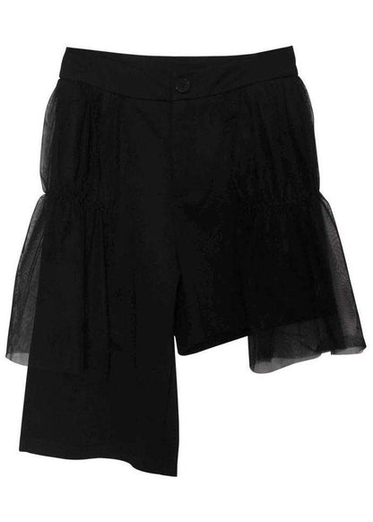 Stylish Black Patchworktulle Asymmetrical Design Wide Leghot Pants Trousers