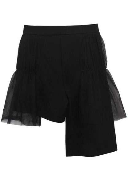 Stylish Black Patchworktulle Asymmetrical Design Wide Leghot Pants Trousers