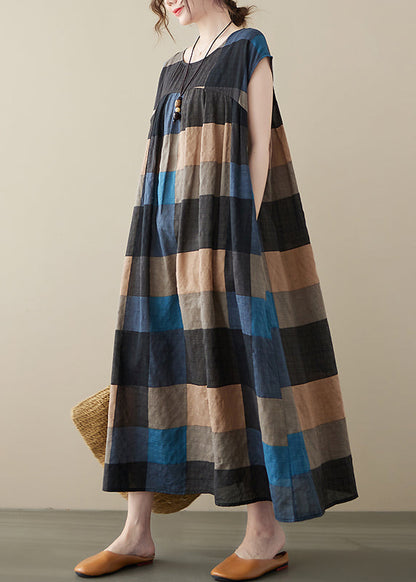 Stylish Black Plaid O-neck Linen Long Dresses Short Sleeve