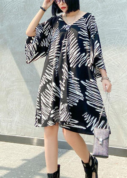 Stylish Black Print V Neck Summer Vacation Dress