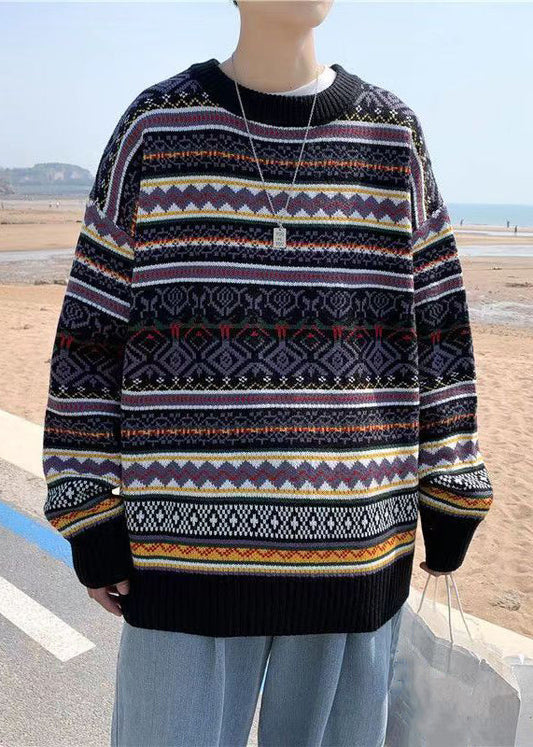 Stylish Black Striped Cozy Patchwork Knit Sweaters Spring