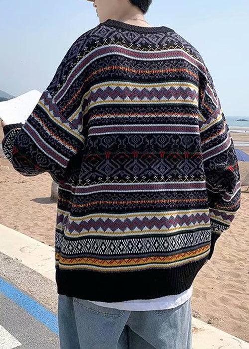 Stylish Black Striped Cozy Patchwork Knit Sweaters Spring