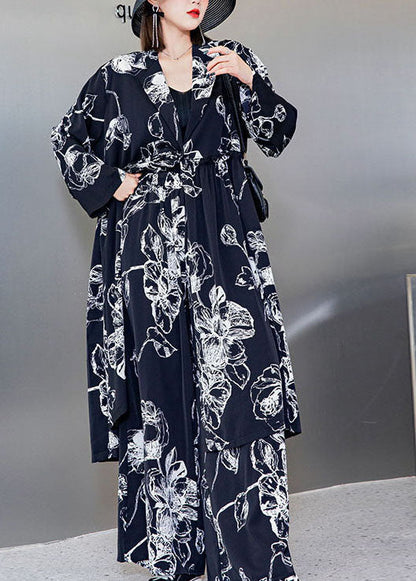 Stylish Black V Neck Cinched Print Silk Tops Wide Leg Pants Two Pieces Set Spring