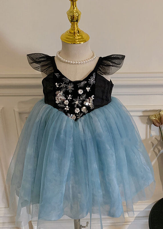 Stylish Blue Embroideried Wrinkled Patchwork Tulle Kids Dress Sleeveless