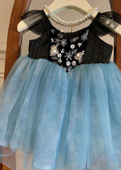 Stylish Blue Embroideried Wrinkled Patchwork Tulle Kids Dress Sleeveless