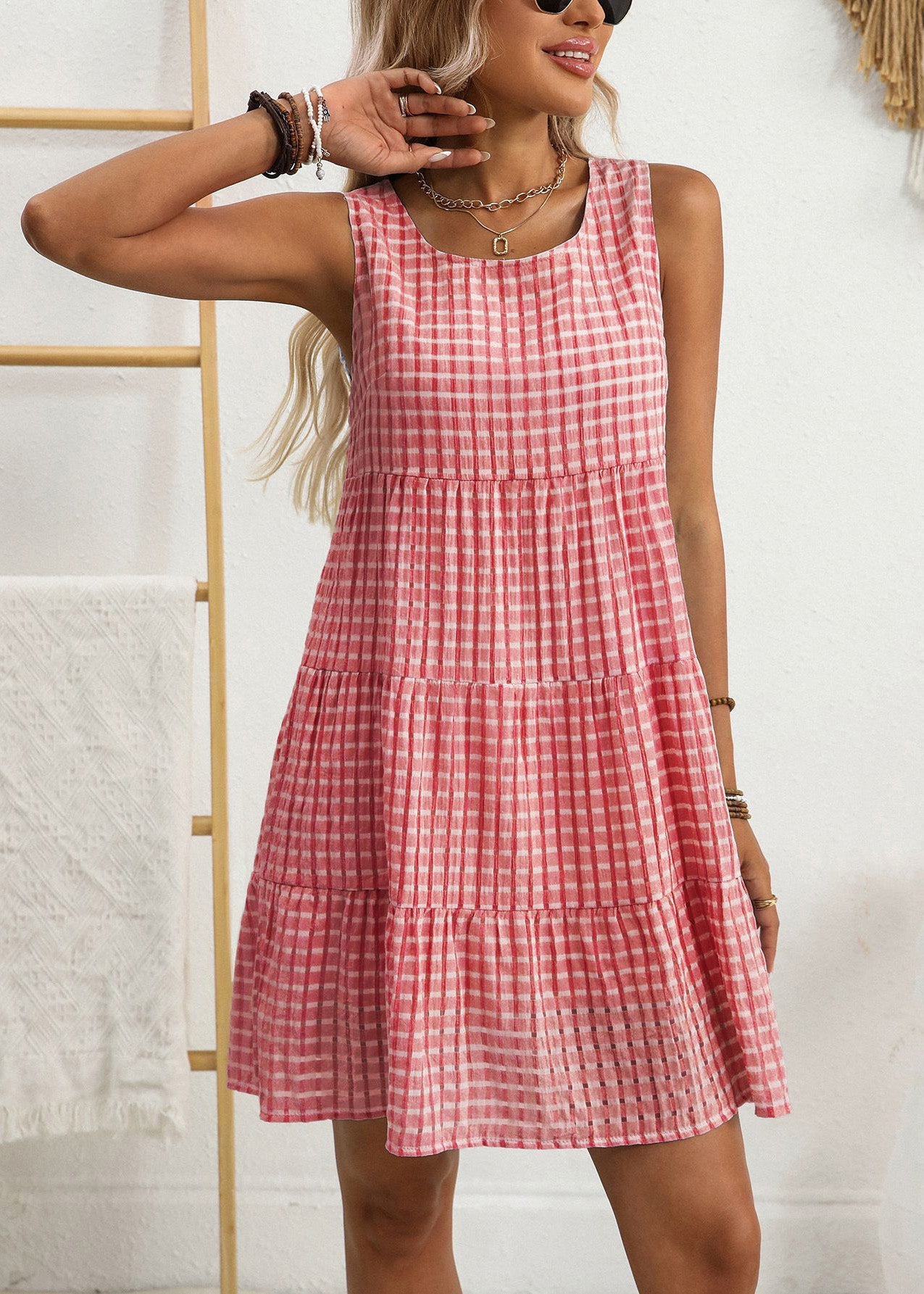 Stylish Blue O Neck Patchwork Cotton Mid Dress Sleeveless