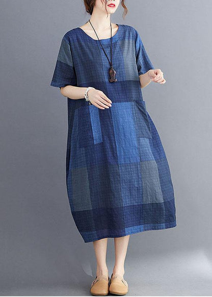 Stylish White Flowers O Neck Plaid Maxi Dresses Cotton Linen Summer