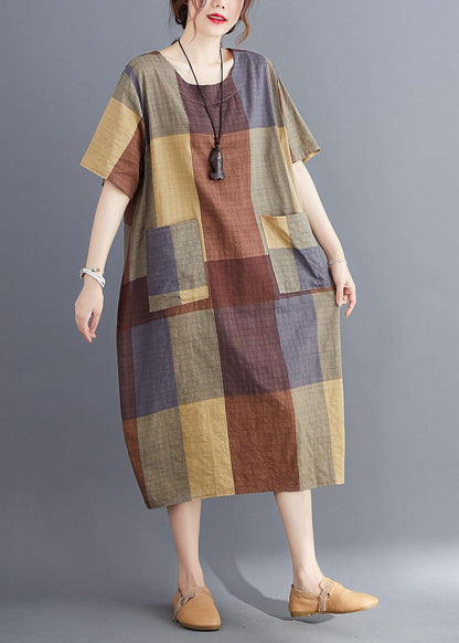 Stylish Blue Flower O Neck Plaid Maxi Dresses Cotton Linen Summer