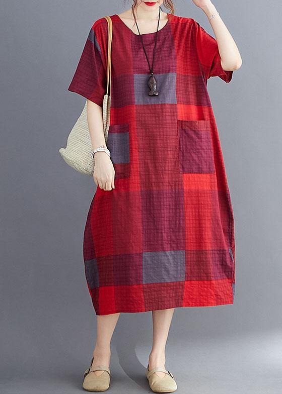 Stylish Blue Flower O Neck Plaid Maxi Dresses Cotton Linen Summer