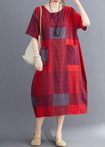Stylish Orange Flower O Neck Plaid Maxi Dresses Cotton Linen Summer