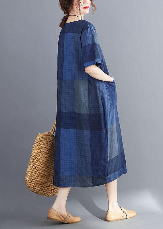 Stylish Blue Flower O Neck Plaid Maxi Dresses Cotton Linen Summer