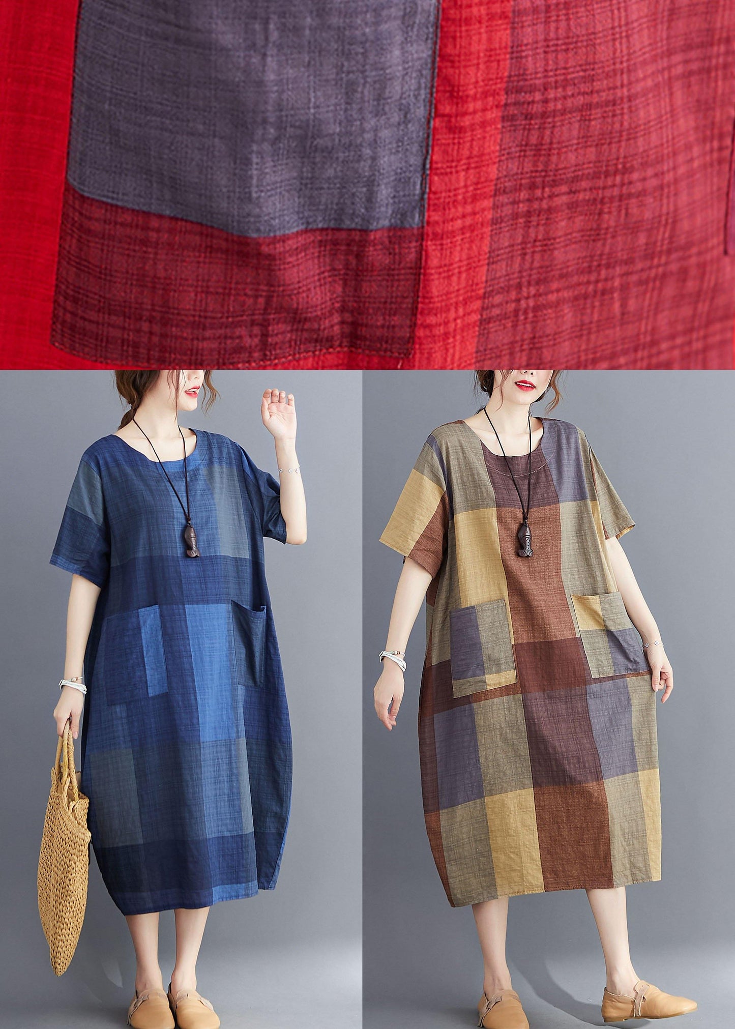 Stylish White Flowers O Neck Plaid Maxi Dresses Cotton Linen Summer