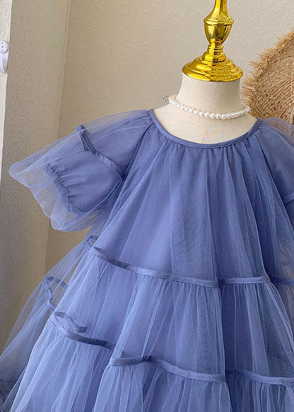 Stylish Blue O-neck Ruffled Patchwork Tulle Kids Dresses Summer