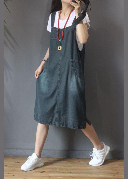 Stylish Blue Pocket Scarpenter Denim Summer Dresses