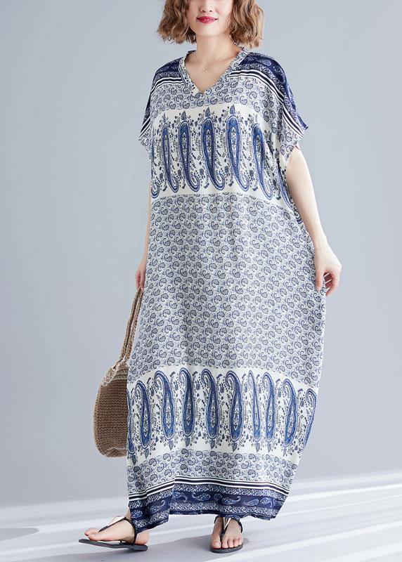 Stylish Blue Print Cotton V Neck Summer Dress