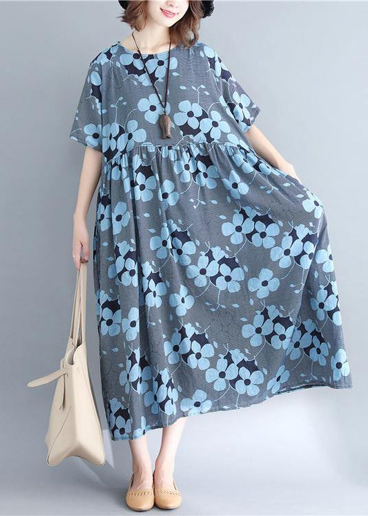 Stylish Blue Print Short Sleeve Summer Cotton Dress