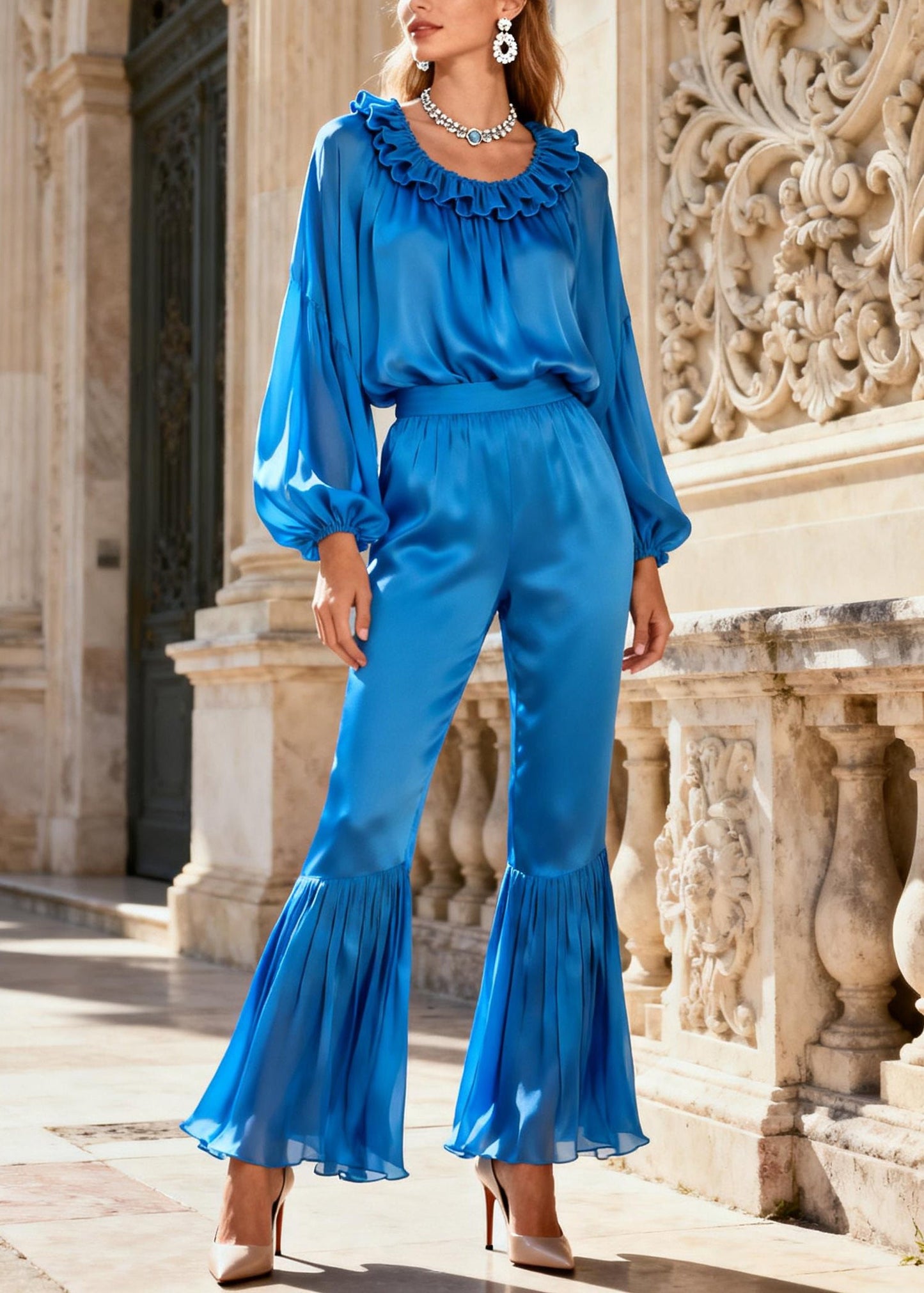 Stylish Blue Ruffled Tops and Flare Bottoms Silk Two Pieces Set Spring