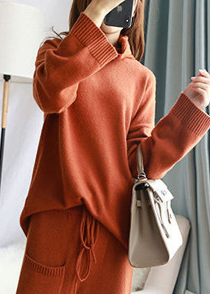Stylish Caramel Turtle Neck Wool Knit Sweater and Wide Leg Pant Two Pieces Set Spring