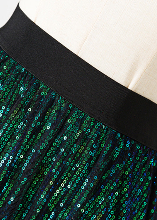 Stylish Green Elastic Waist Sequins Tulle a Line Skirt Spring