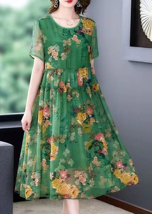 Stylish Green O-neck Ruffled Print Patchwork Silk Dresses Summer