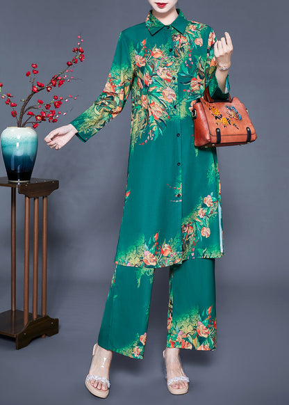 Stylish Green Peter Pan Collar Print Side Open Silk Two Piece Set Clothing Spring