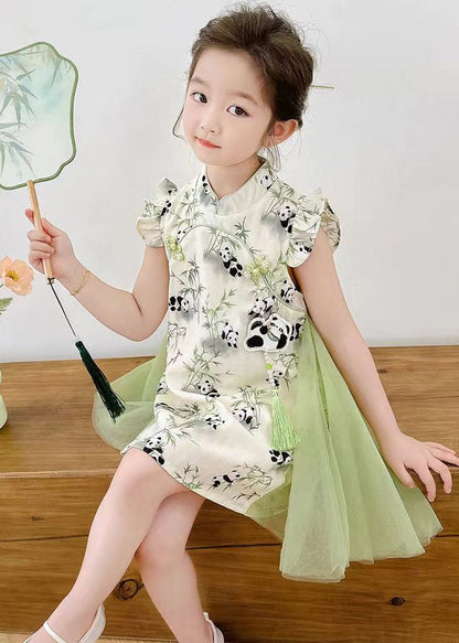 Stylish Green Print Tulle Patchwork Button Mid Dresses Summer