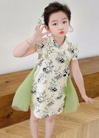 Stylish Green Print Tulle Patchwork Button Mid Dresses Summer