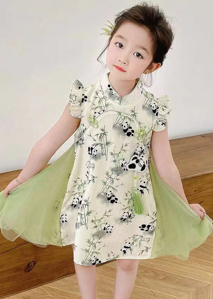 Stylish Green Print Tulle Patchwork Button Mid Dresses Summer
