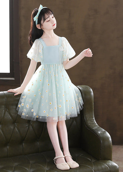 Stylish Green Puff Sleeve Daisy Tulle Kids Mid Dress Summer