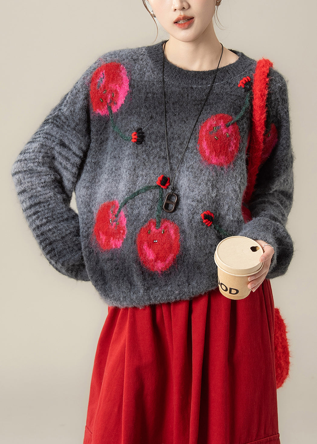 Stylish Grey Jacquard Sweaters and Red Pants Two Pieces Set Winter