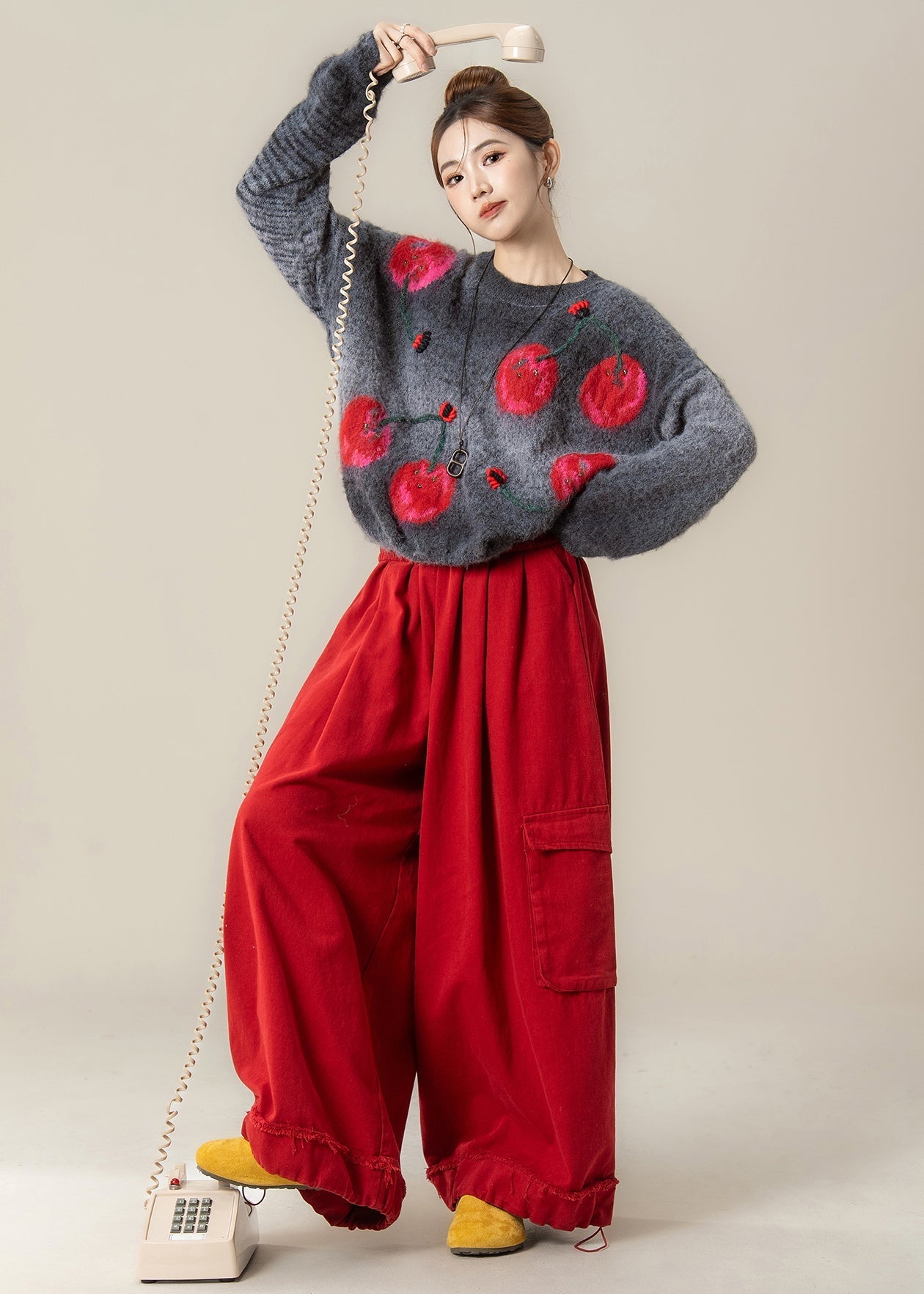 Stylish Grey Jacquard Sweaters and Red Pants Two Pieces Set Winter