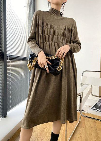 Stylish Khaki High Neck Oversized Wrinkled Knit Dresses Spring