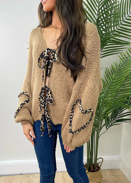 Stylish Khaki V Neck Lace Up Knit Cardigans Spring