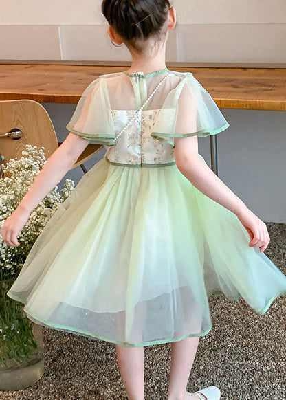 Stylish Light Green Embroideried Wrinkled Patchwork Tulle Kids Dress Summer