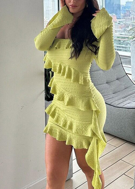 Stylish Light Green Slash Neck Ruffled Ribbon Vacation Mid Dresses Summer