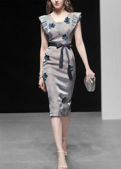 Stylish Light Grey Square Collar Ruffled Long Dresses Summer