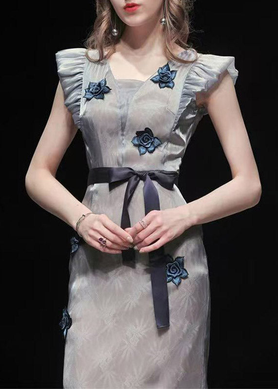 Stylish Light Grey Square Collar Ruffled Long Dresses Summer