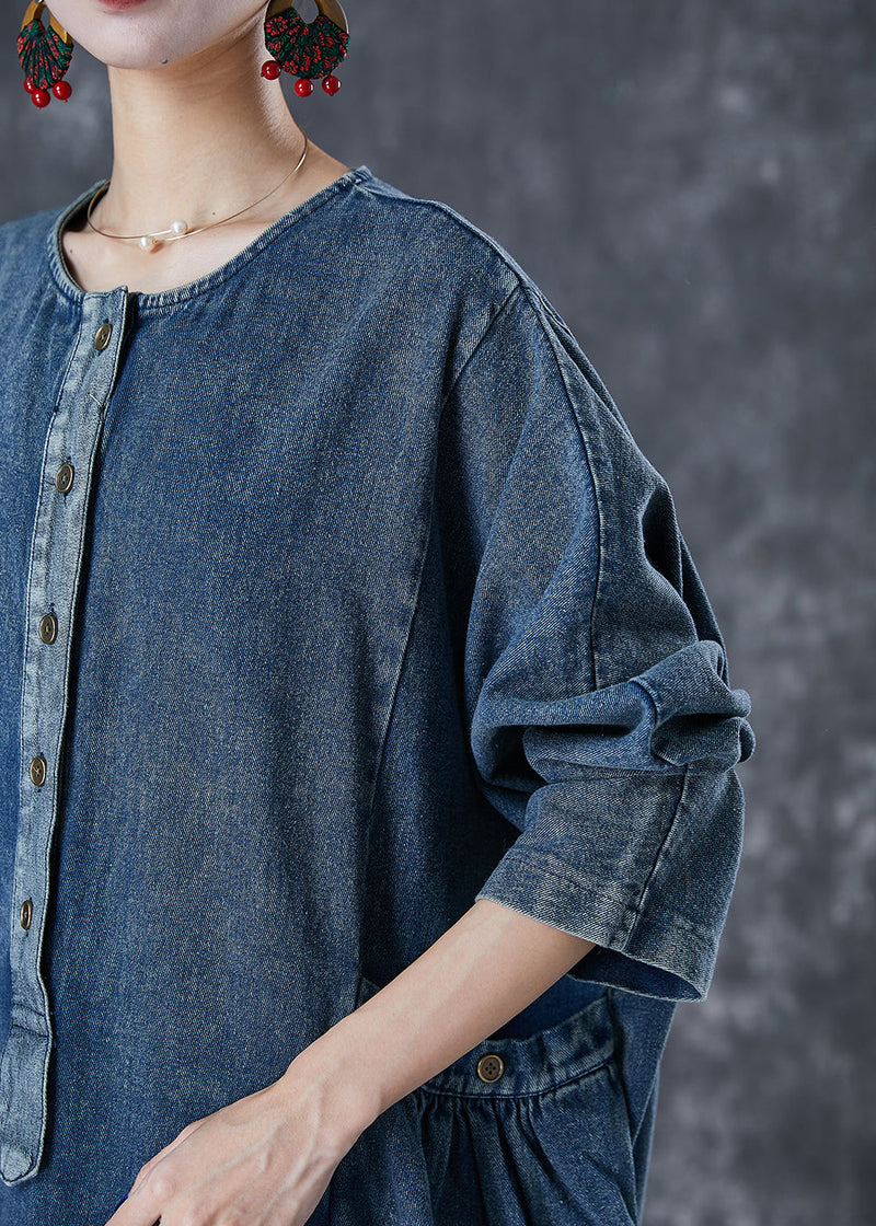 Stylish Navy Oversized Pockets Denim Robe Dresses Fall