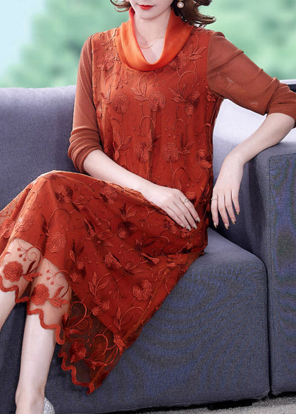 Stylish Orange Embroidered Tulle Long Dress Long Sleeve
