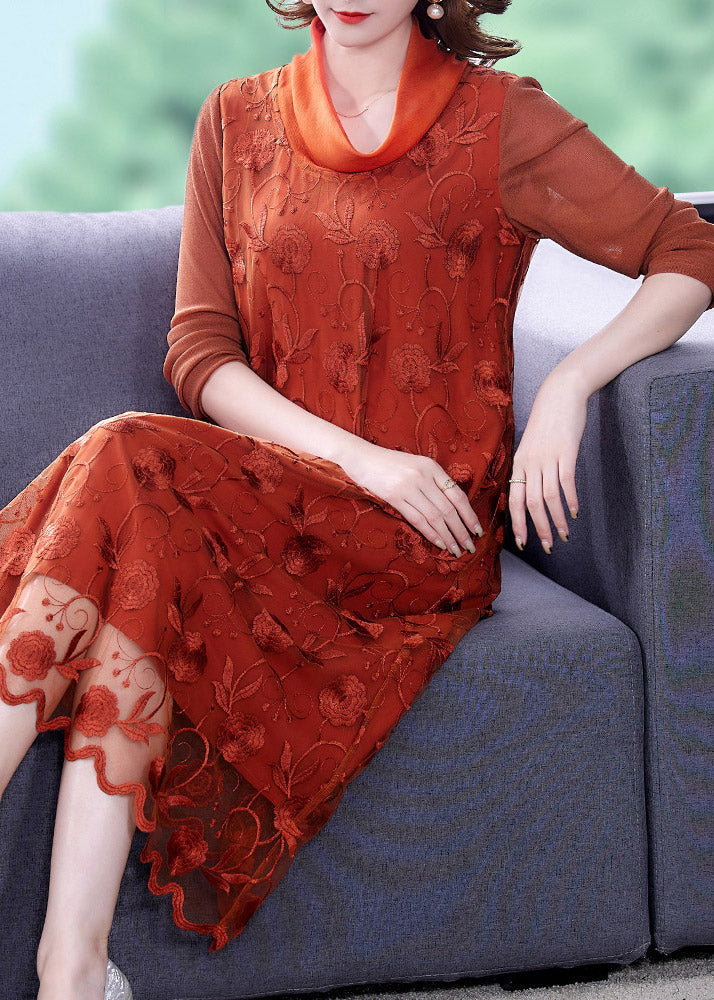 Stylish Orange Embroidered Tulle Long Dress Long Sleeve