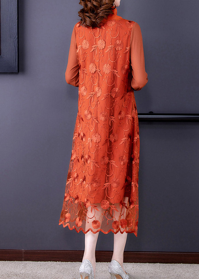 Stylish Orange Embroidered Tulle Long Dress Long Sleeve