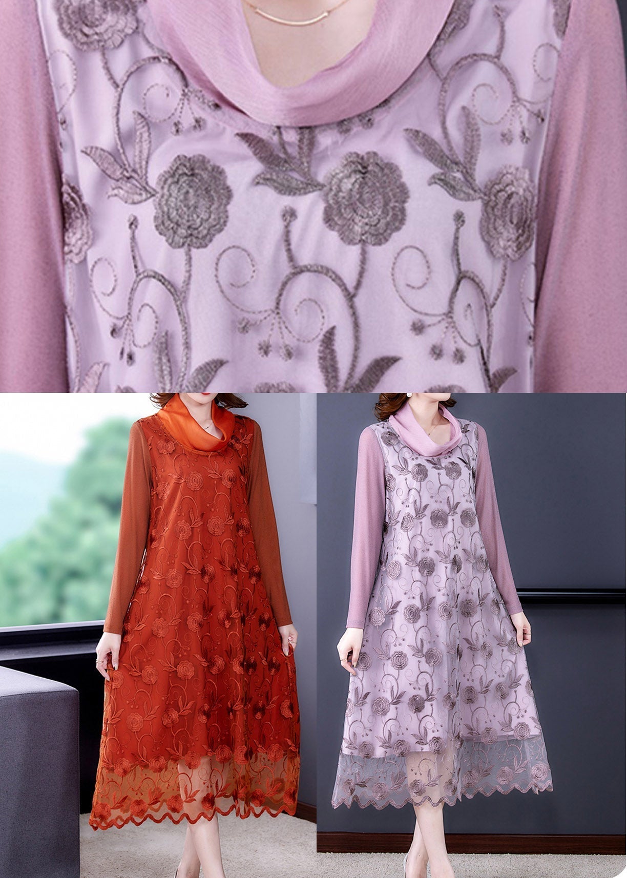 Stylish Orange Embroidered Tulle Long Dress Long Sleeve