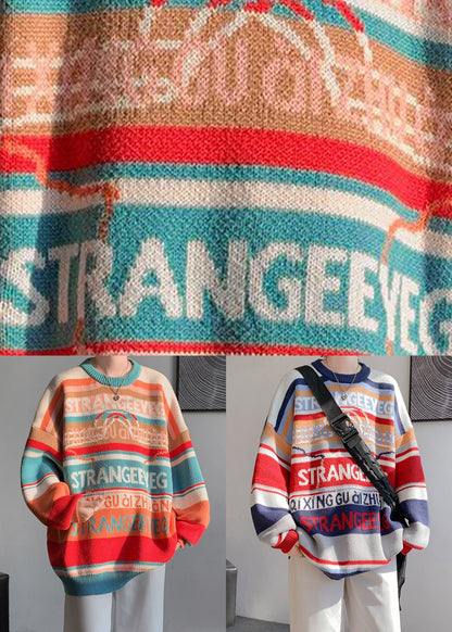 Stylish Orange O Neck Striped Knit Sweaters Winter