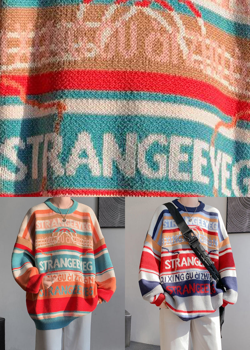 Stylish Orange O Neck Striped Knit Sweaters Winter