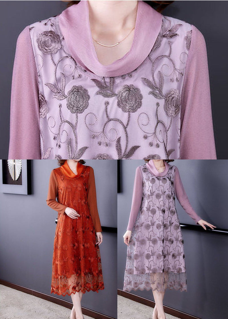 Stylish Orange Turtle Neck Embroideried Tulle Vacation Dresses Spring