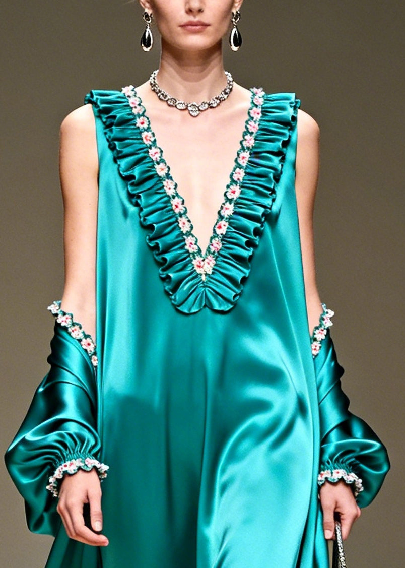 Stylish Peacock Blue Ruffled Patchwork Exra Large Hem Silk Dress Summer
