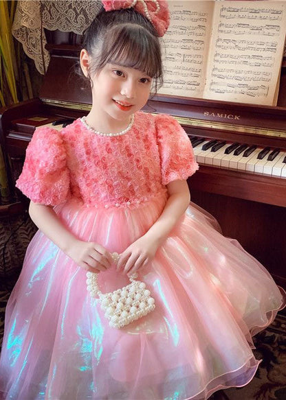 Stylish Pink O-neck Nail Bead Patchwork Tulle Baby Dresses Summer