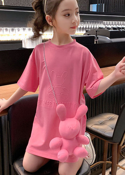 Stylish Pink O Neck Patchwork Cotton Kids T Shirt Dresses Summer